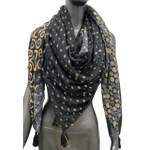 Foulard carré patchwork géométrique noir et moutarde