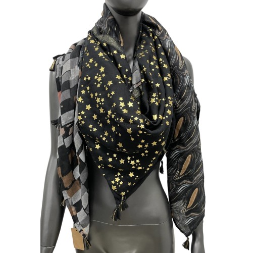 Foulard carré patchwork étoiles dorées et formes design noires