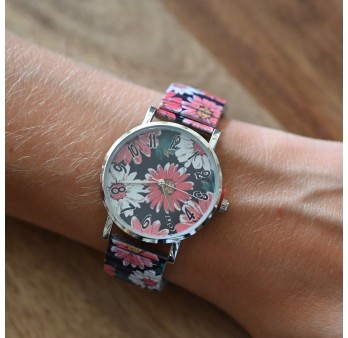 Montre Ernest motif grosse marguerite corail