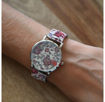 Montre Ernest imprimé floral rouge bordeau