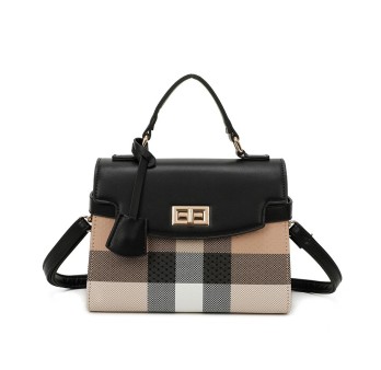 Sac à main rigide carreaux beige et noir