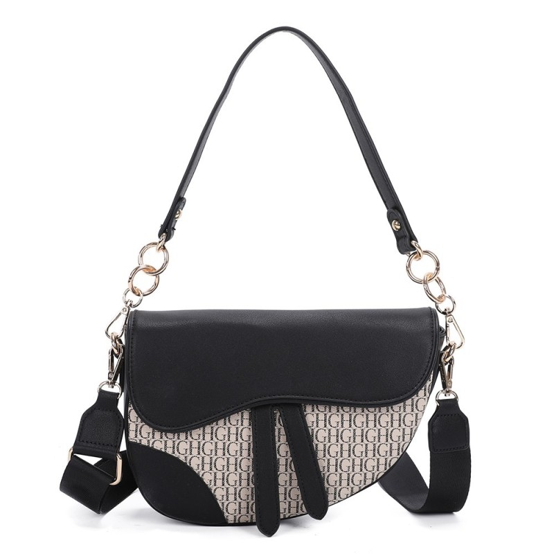 Sac à main bandoulière noir et beige motif monogramme