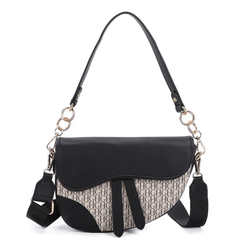 Sac à main bandoulière noir et beige motif monogramme