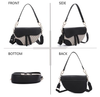Sac à main bandoulière noir et beige motif monogramme