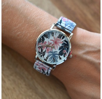Montre Ernest feuillages tropicaux rosé