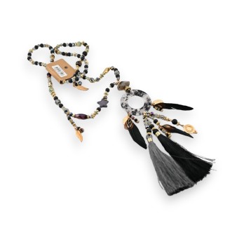 Collier sautoir bohème attrape-rêve gris et noir