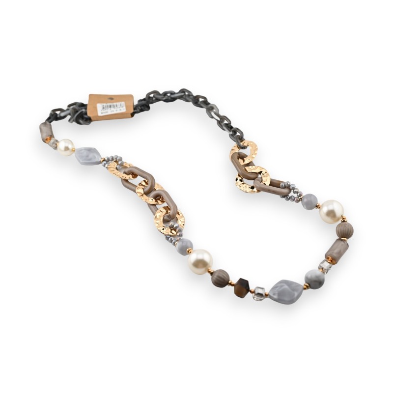 Collier sautoir fantaisie gris et doré