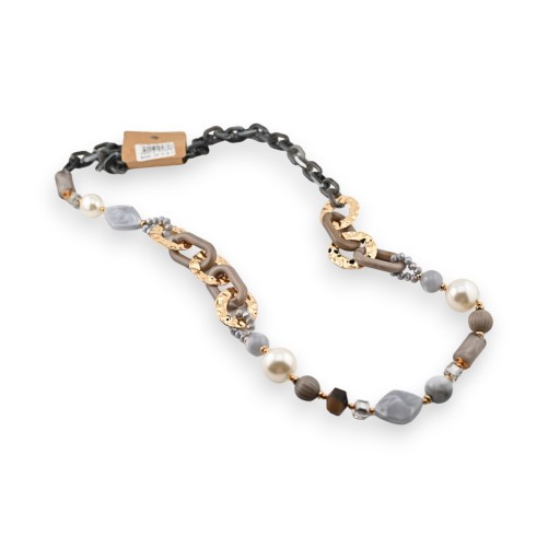 Collier sautoir fantaisie gris et doré