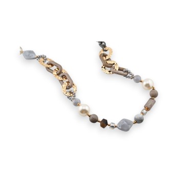 Collier sautoir fantaisie gris et doré