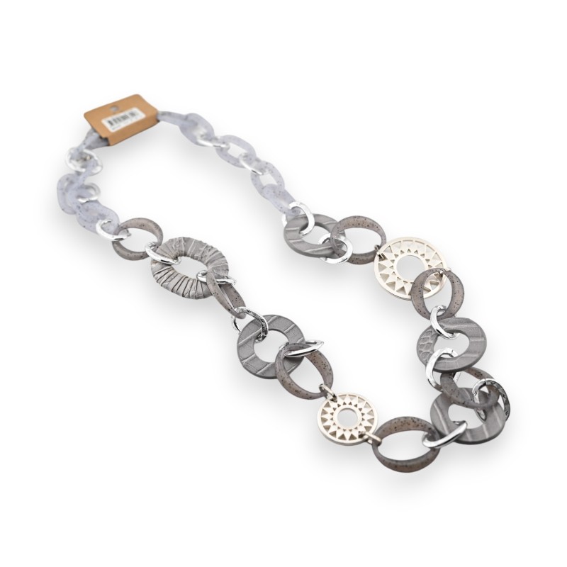 Collier sautoir fantaisie chaine gros maillon argenté et gris