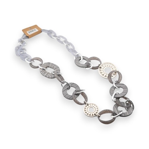 Collier sautoir fantaisie chaine gros maillon argenté et gris