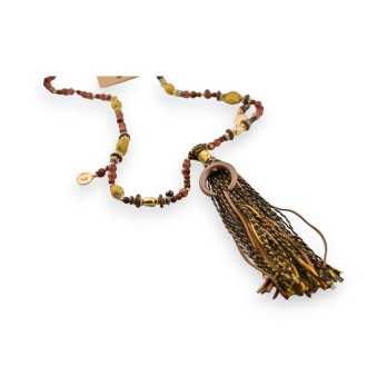 Collier sautoir bohème marron avec pompon tissu
