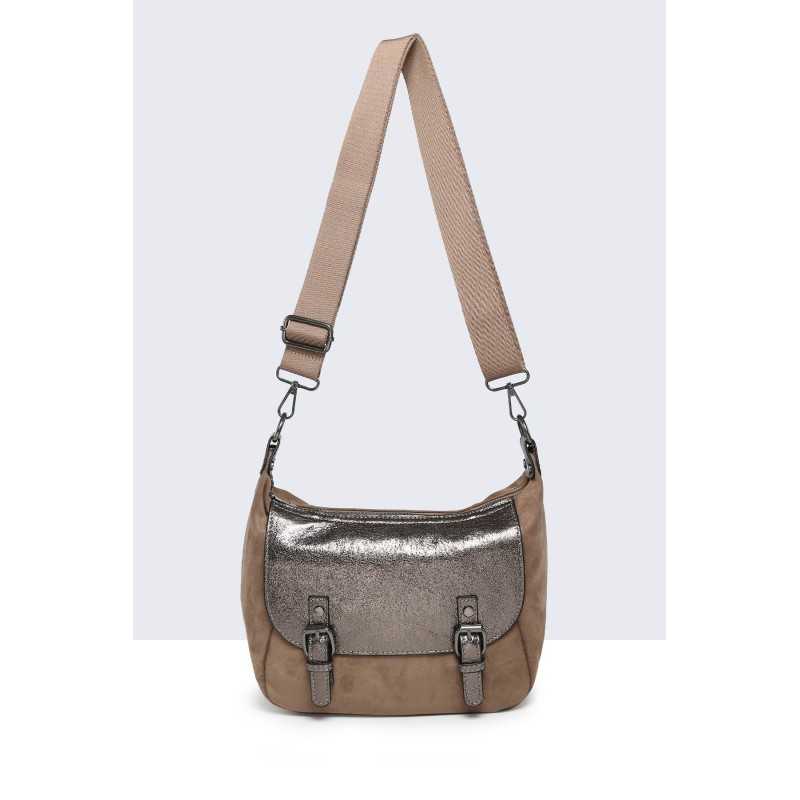 Sac bandoulière suédine Taupe rabat métallisé