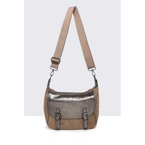 Sac bandoulière suédine Taupe rabat métallisé