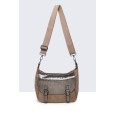 Sac bandoulière suédine Taupe rabat métallisé