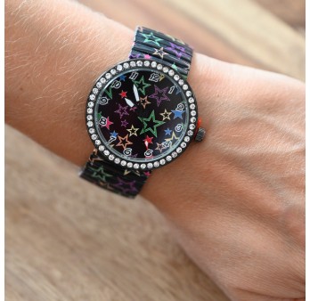 Montre Ernest noir étoiles multicolores