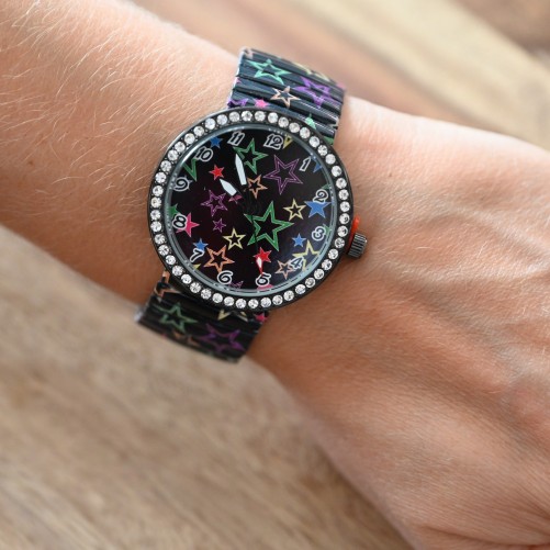 Montre Ernest noir étoiles multicolores