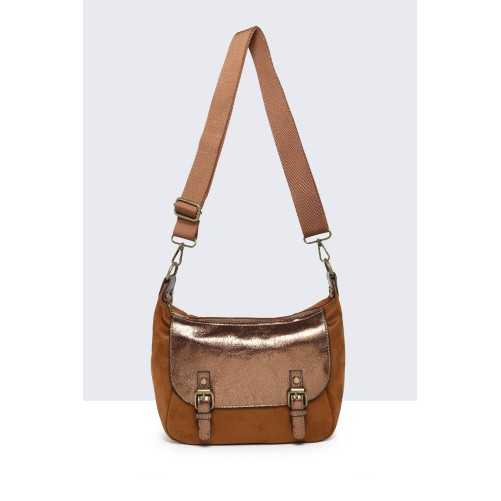 Sac bandoulière en suédine camel Rabat métallisé