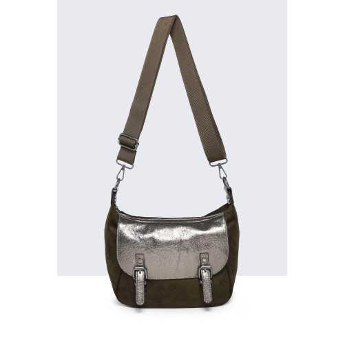 Sac bandoulière Suédine kaki rabat métallisé