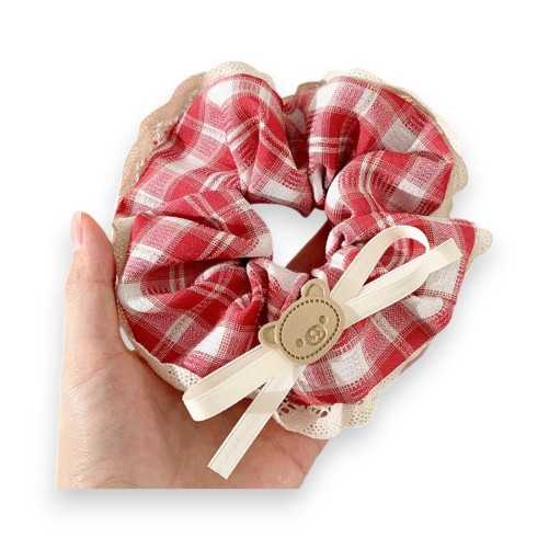 Chouchou élastique fantaisie à carreaux rouges et beige