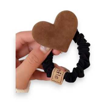 Chouchou élastique coeur en velours marron