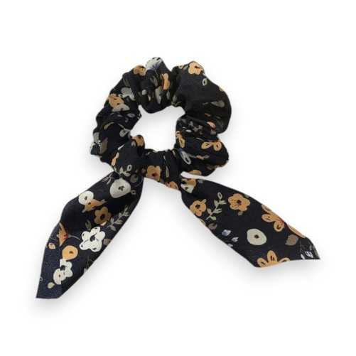Chouchou élastique fantaisie Noir à motif floral