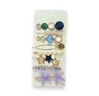 Lot de 8 barrettes cheveux fantaisie bleu et doré