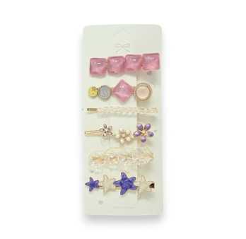 Lot de 6 barrettes fantaisie rose et parme