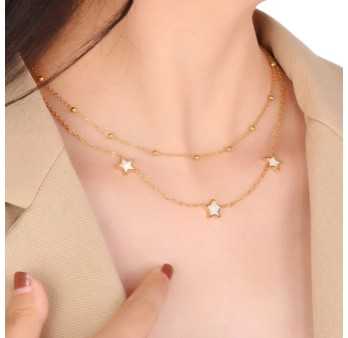 Collier double étoiles dorées nacrées