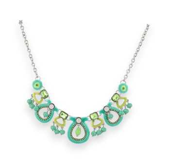 Collier Fantaisie Métal Argenté Vert et Anis