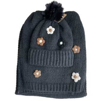 Ensemble bonnet et écharpe noir fleurs brodées