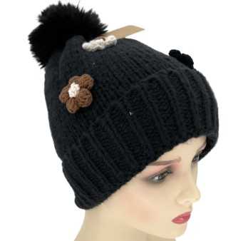 Ensemble bonnet et écharpe noir fleurs brodées