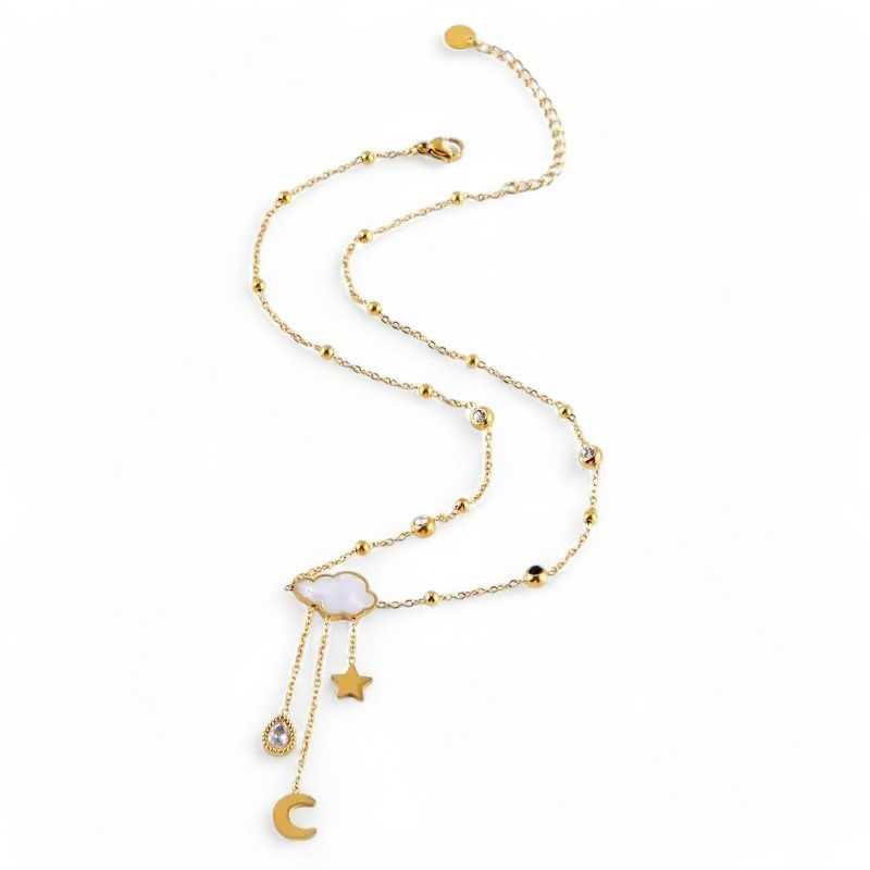 Collier Céleste acier Doré avec Pendentif Nuage et Breloques