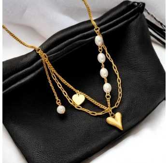 Collier Acier doré coeur et perles