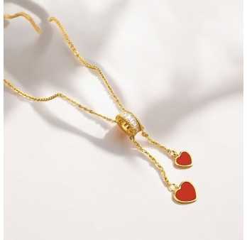 Collier Acier doré Cœur Double Pendentif rouge