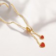 Collier Acier doré Cœur Double Pendentif rouge