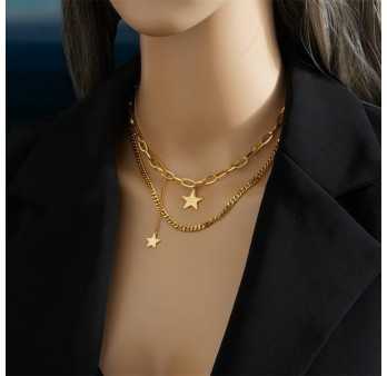 Collier double chaîne acier doré étoile porte-bonheur