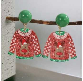 Boucles d'oreilles fantaisie résine pull de Noël renne