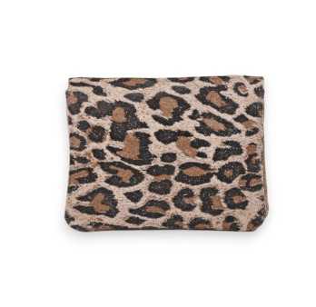 Porte-monnaie en cuir grainé noir brillant léopard
