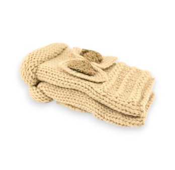 Mitaines en tricot beige avec nœud doré