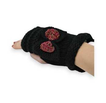 Mitaines en tricot noir avec nœud bordeaux