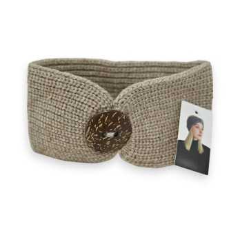Bandeau en tricot taupe avec bouton en bois