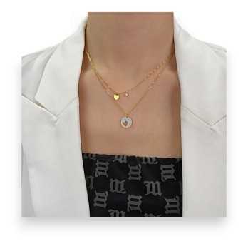 Collier acier doré Double Cœur Strass Doré