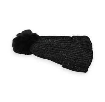 Bonnet Velours Côtelé Noir Doublé Pilou Pompon