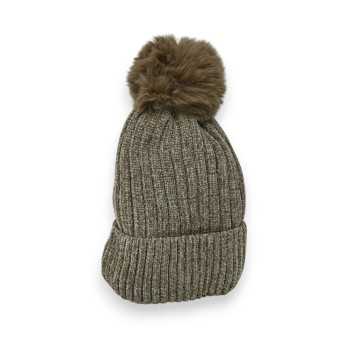 Bonnet Velours Côtelé taupe Doublé Pilou Pompon