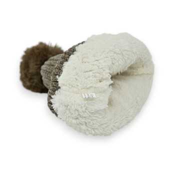 Bonnet Velours Côtelé taupe Doublé Pilou Pompon