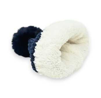 Bonnet Velours Côtelé Marine Doublé Pilou Pompon