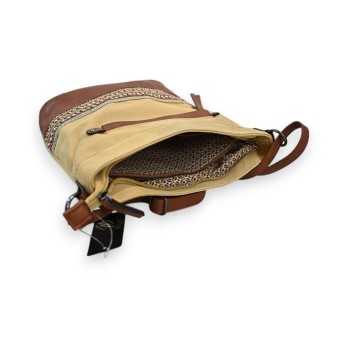 Sac bandoulière bohème Mélanie Paris bi-matière beige et camel