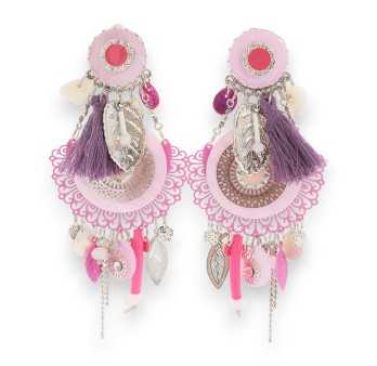 Grande boucle d'oreille clip pendant rose