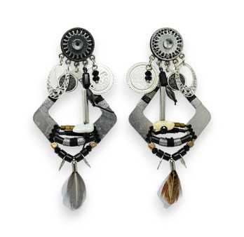 Boucles d'oreilles clip esprit ethnique noires et argentées
